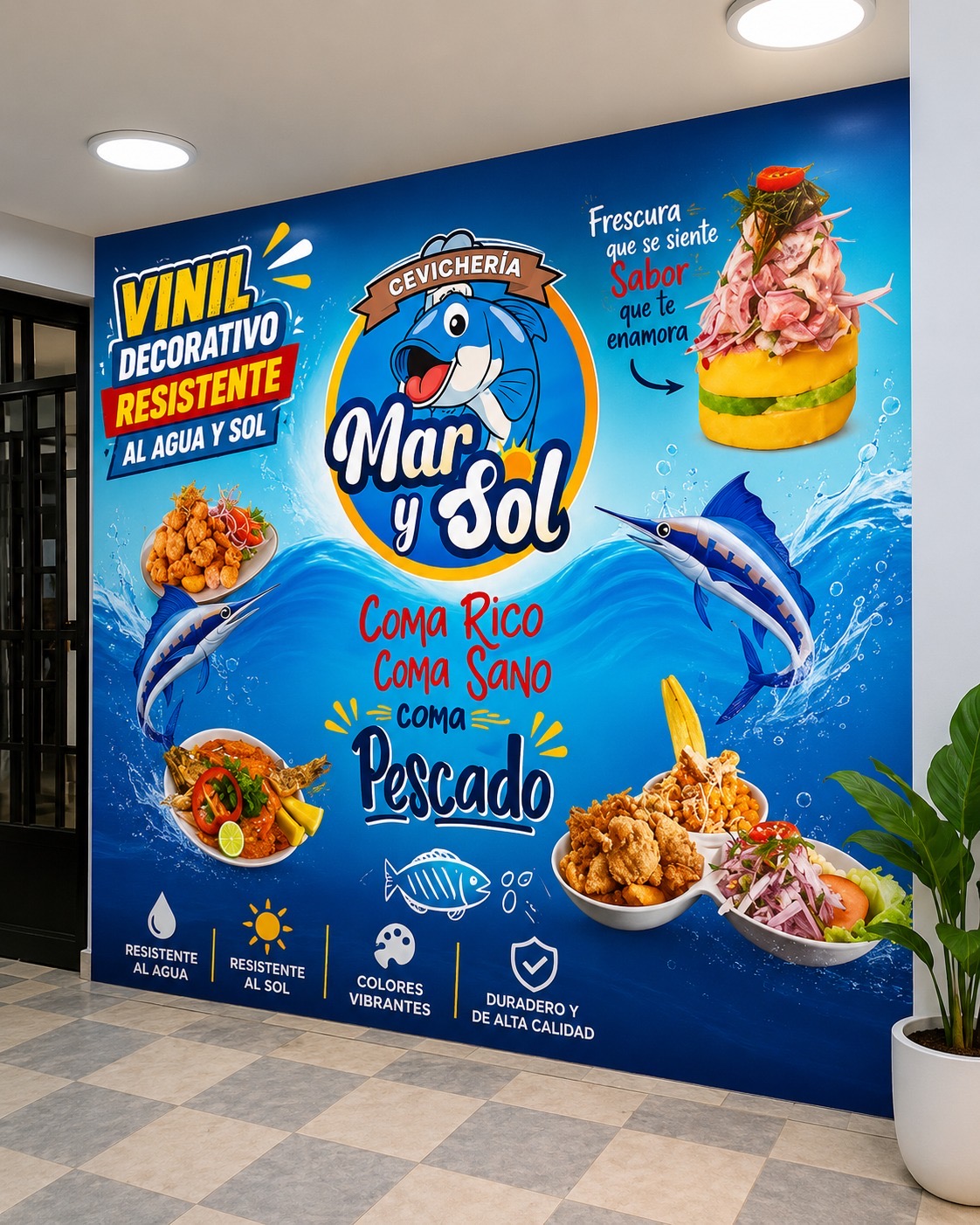 Vinil decorativo full color para cevichería Mar y Sol con ilustraciones marinas y platos.