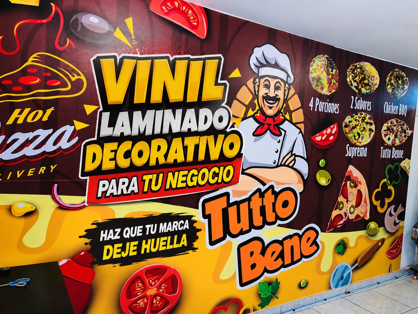 Vinil laminado decorativo gastronómico para Tutto Bene con chef e ilustraciones de pizza.