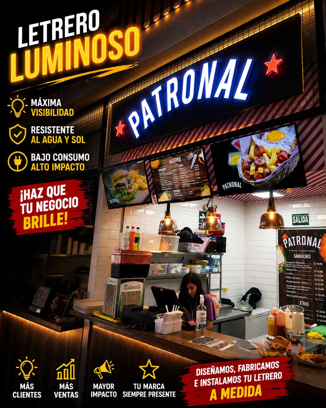 Letrero luminoso real Patronal con letras corpóreas blancas y estrellas rojas.