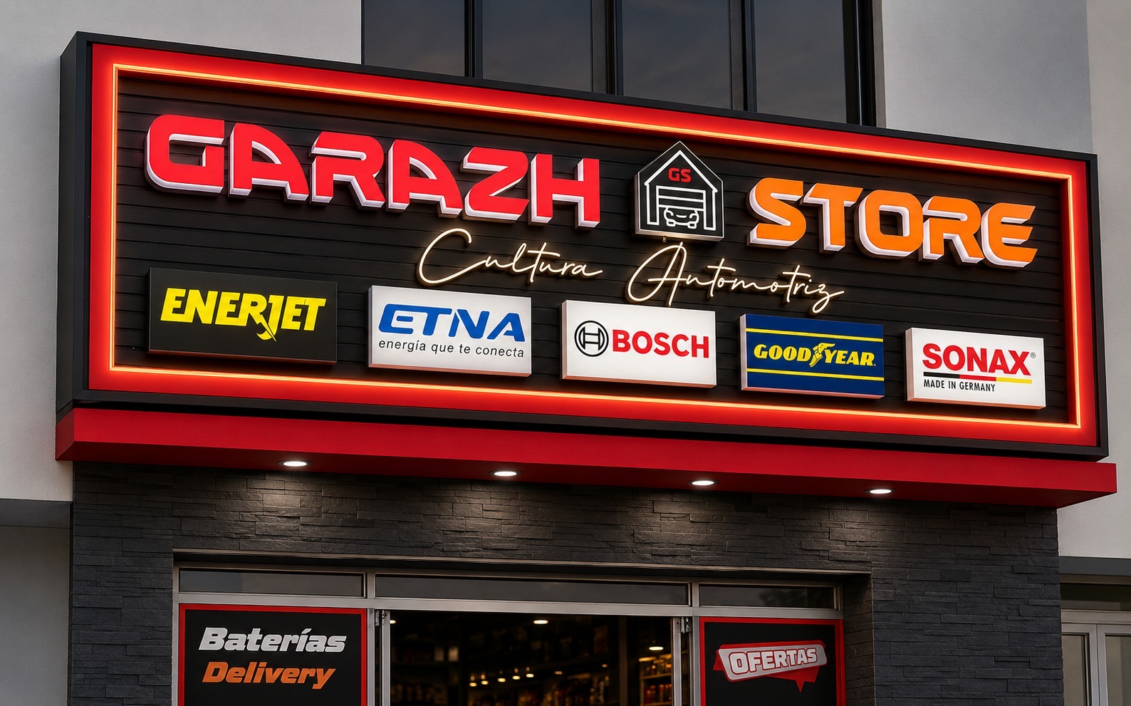 Letrero luminoso premium para Garazh Store con letras corpóreas rojas y naranjas iluminadas y logos de marcas.