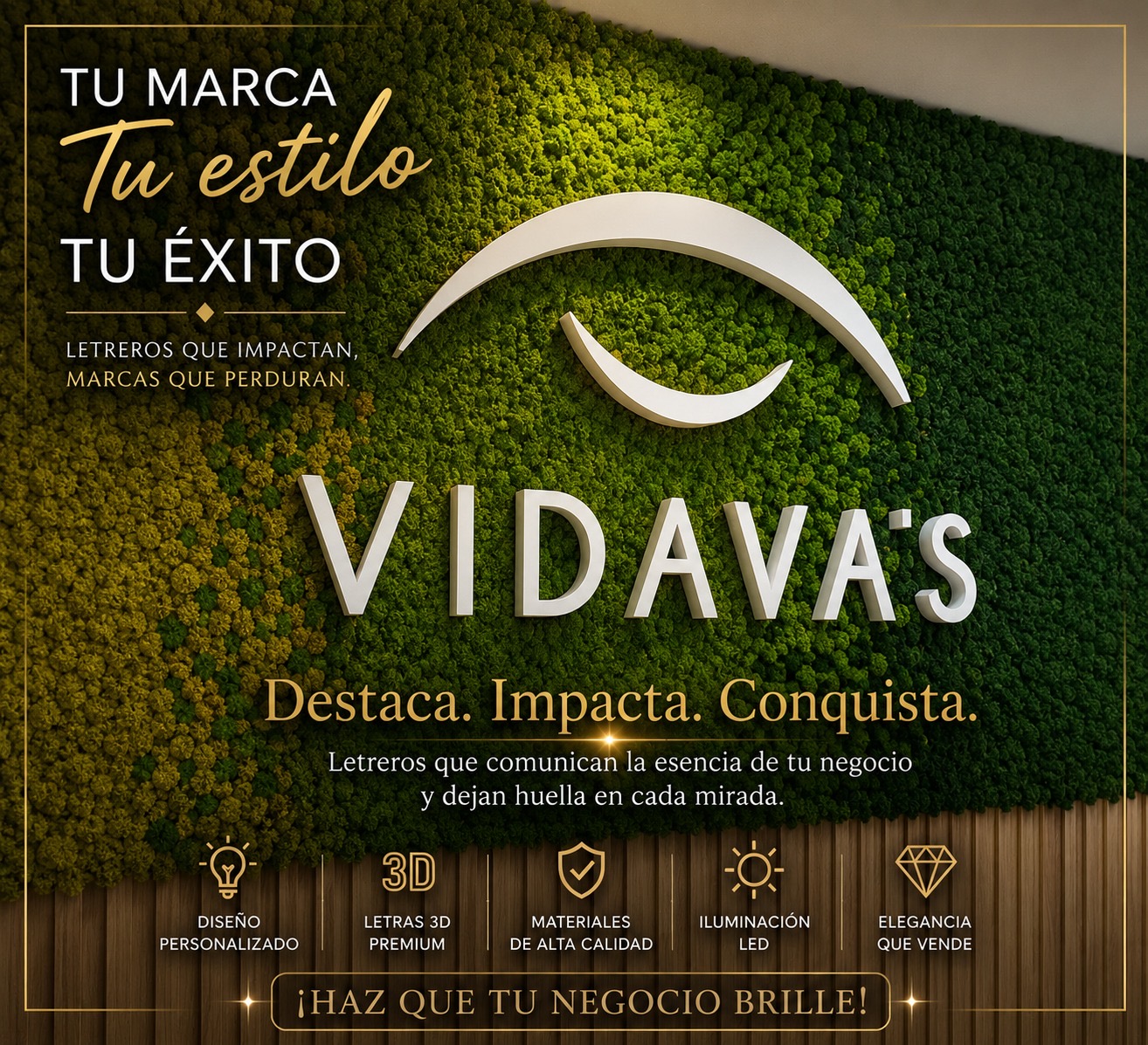 Letras 3D blancas premium para Vidava's sobre pared de musgo natural.