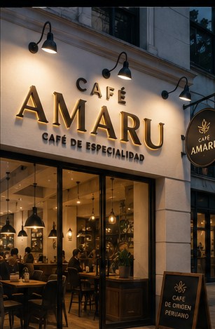 Letras 3D doradas para Café Amaru sobre fachada de piedra.