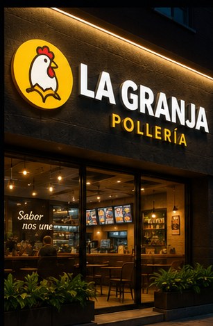 Letras 3D iluminadas para pollería La Granja con logo circular amarillo.