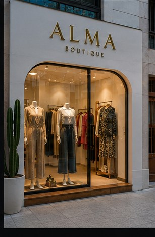 Fachada elegante de Alma Boutique con vitrina arqueada.
