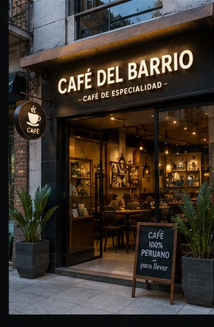 Fachada de Café del Barrio con letrero retroiluminado y pizarra exterior.