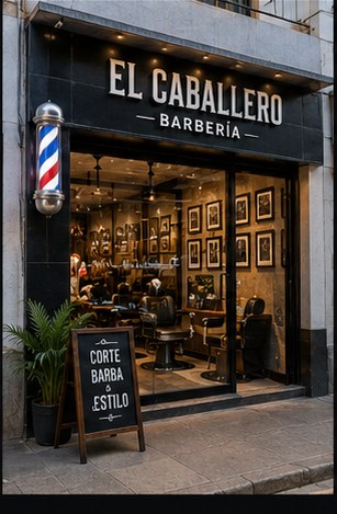 Fachada de El Caballero Barbería con poste y letrero blanco sobre negro.