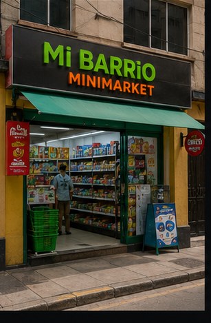 Fachada de Mi Barrio Minimarket con toldo y letrero combinado.