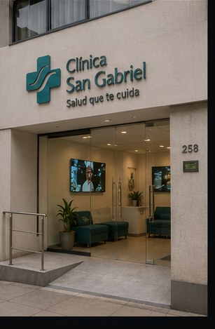 Fachada minimalista de Clínica San Gabriel con logo en alto relieve.