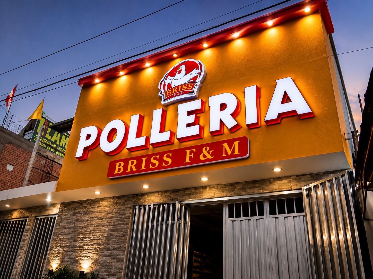 Letrero luminoso real para pollería Briss F&M.