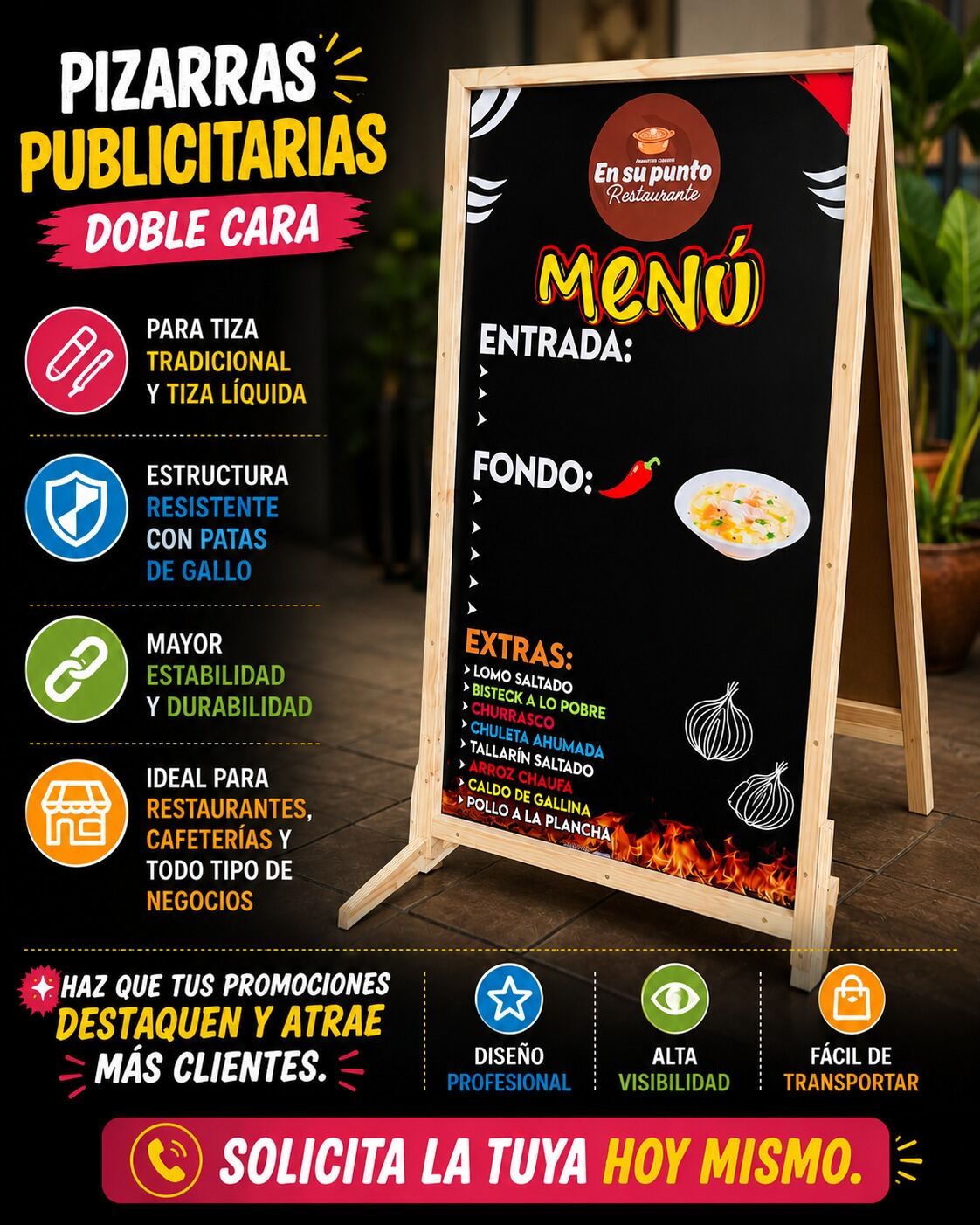 Pizarra publicitaria doble cara con marco de madera.
