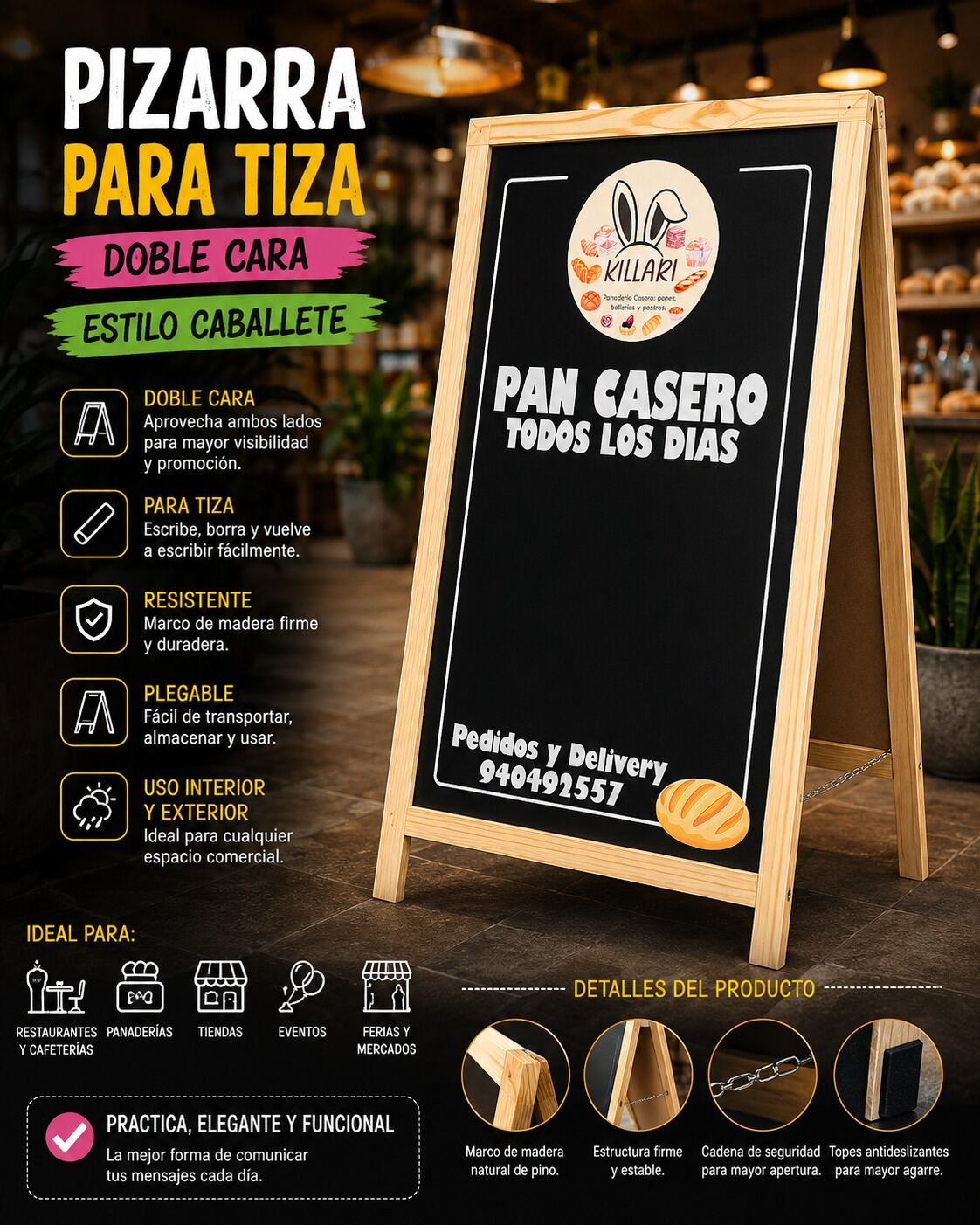 Pizarra real para tiza doble cara estilo caballete.