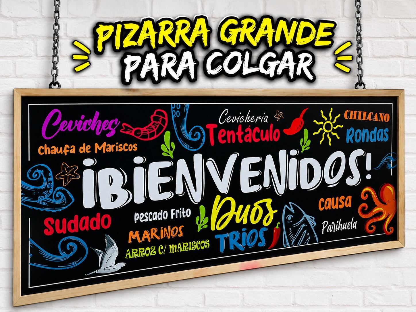 Pizarra grande para colgar con lettering gastronómico.