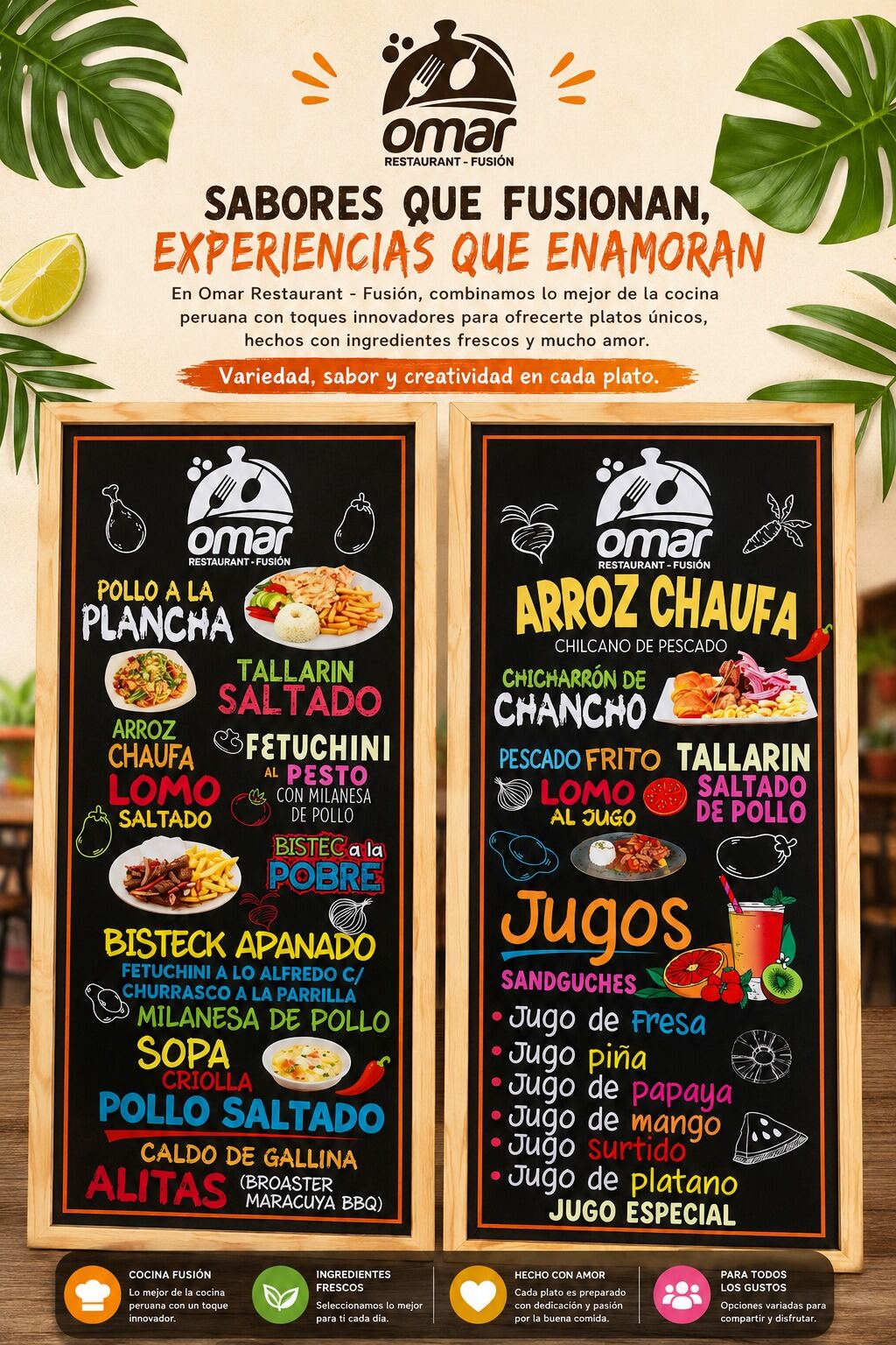 Juego real de pizarras de menú con marcos de madera.