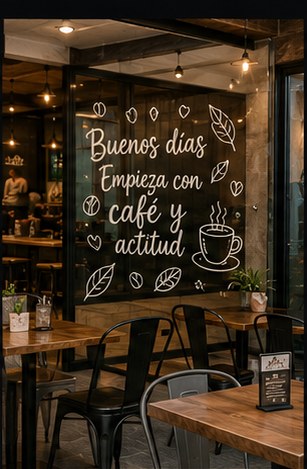 Vinil decorativo blanco tipo pizarra con lettering para cafetería.