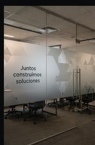 Vinil decorativo esmerilado con patrón geométrico y frase corporativa.