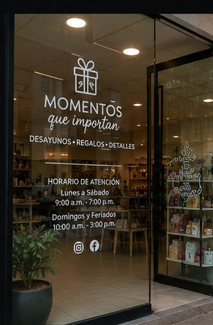 Vinil decorativo blanco con ilustraciones para vitrina de cafetería.